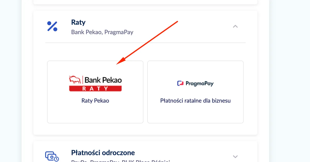 Po rozwinięciu „Raty”: kafelek Raty Pekao