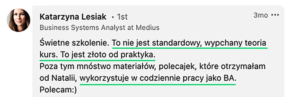 Opinia — Katarzyna Lesiak, Business Systems Analyst
