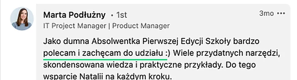 Opinia — Marta Podłużny, IT Project Manager / Product Manager