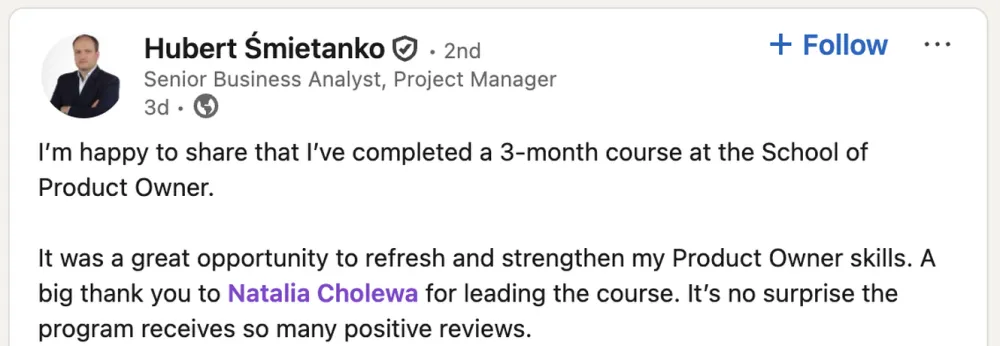 Opinia — Hubert Śmietanko, Senior Business Analyst