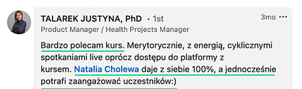 Opinia — Justyna Talarek, Product Manager
