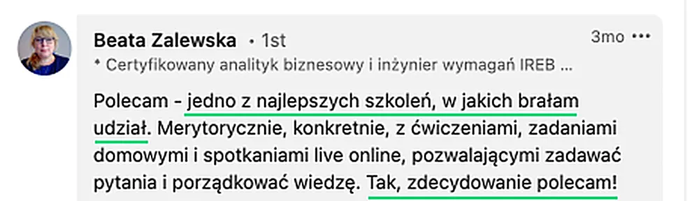 Opinia — Beata Zalewska, analityk biznesowy